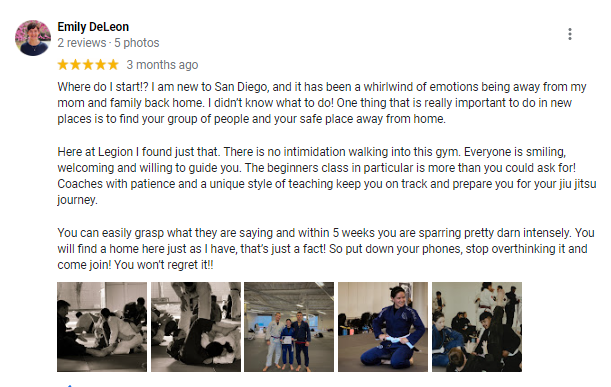 Five star Google review of Legion American Jiu-Jitsu