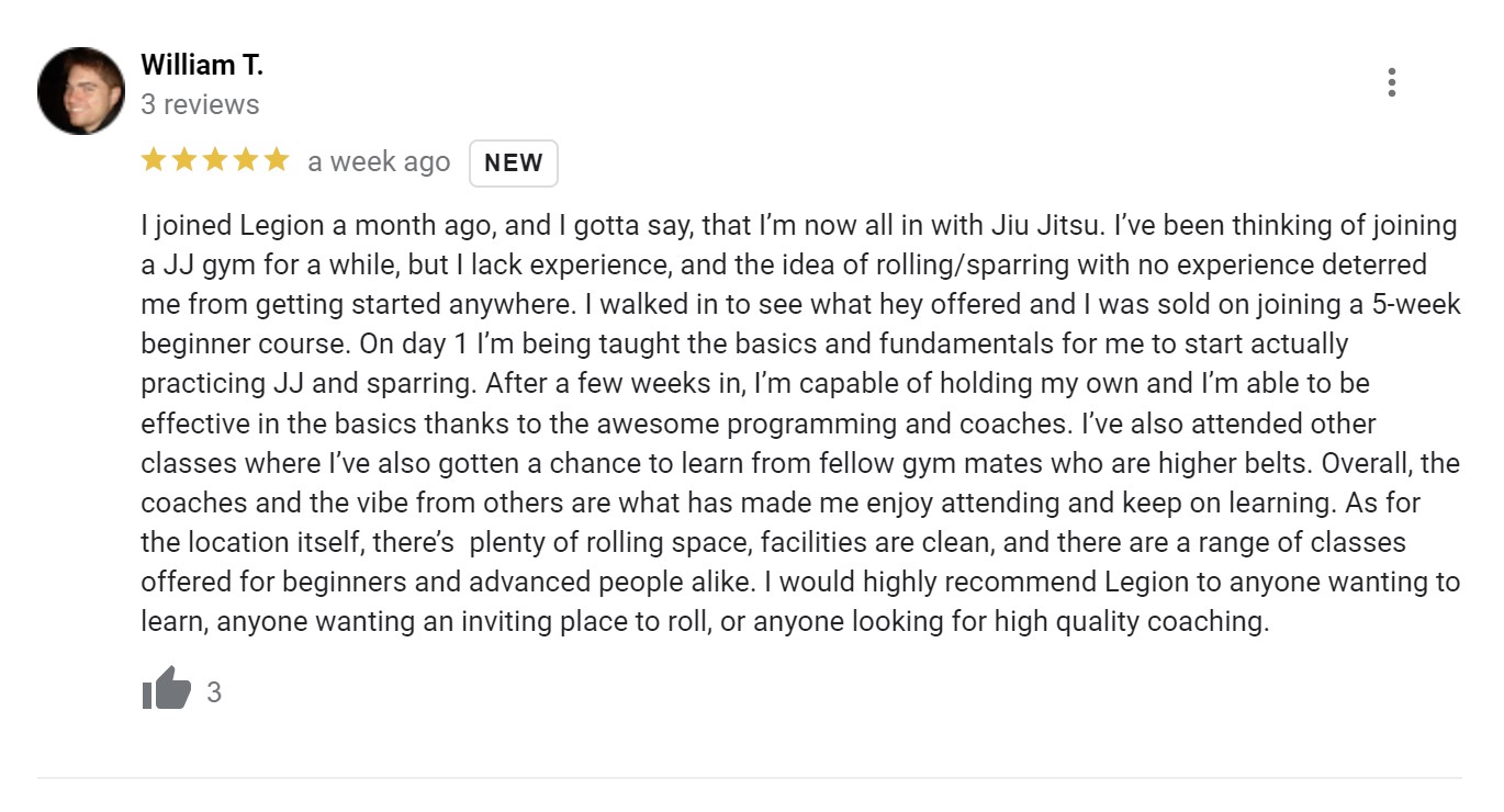 Text message from a Legion beginner course student sharing their experience